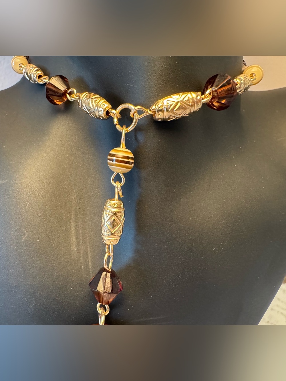 Brown & Gold Tone Beaded Drop Pendant Necklace - Picture 4 of 7